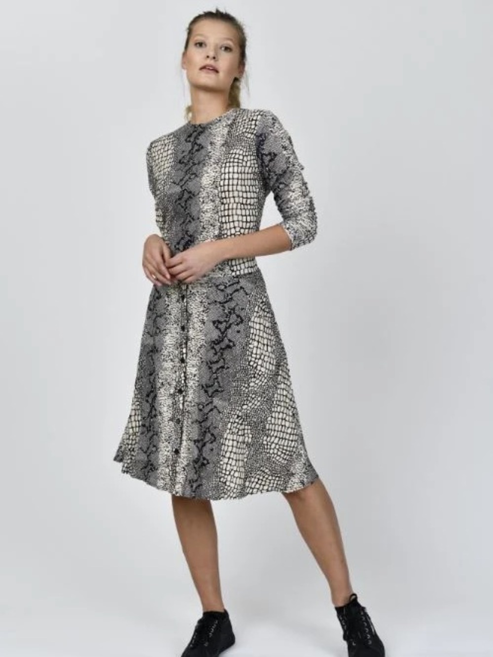Yoana Baraschi Black & White Printed 3/4 Sleeve Midi Dress XS